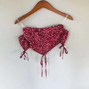 shein S red floral peasant blouse off the shoulder rouched drape bust trendy